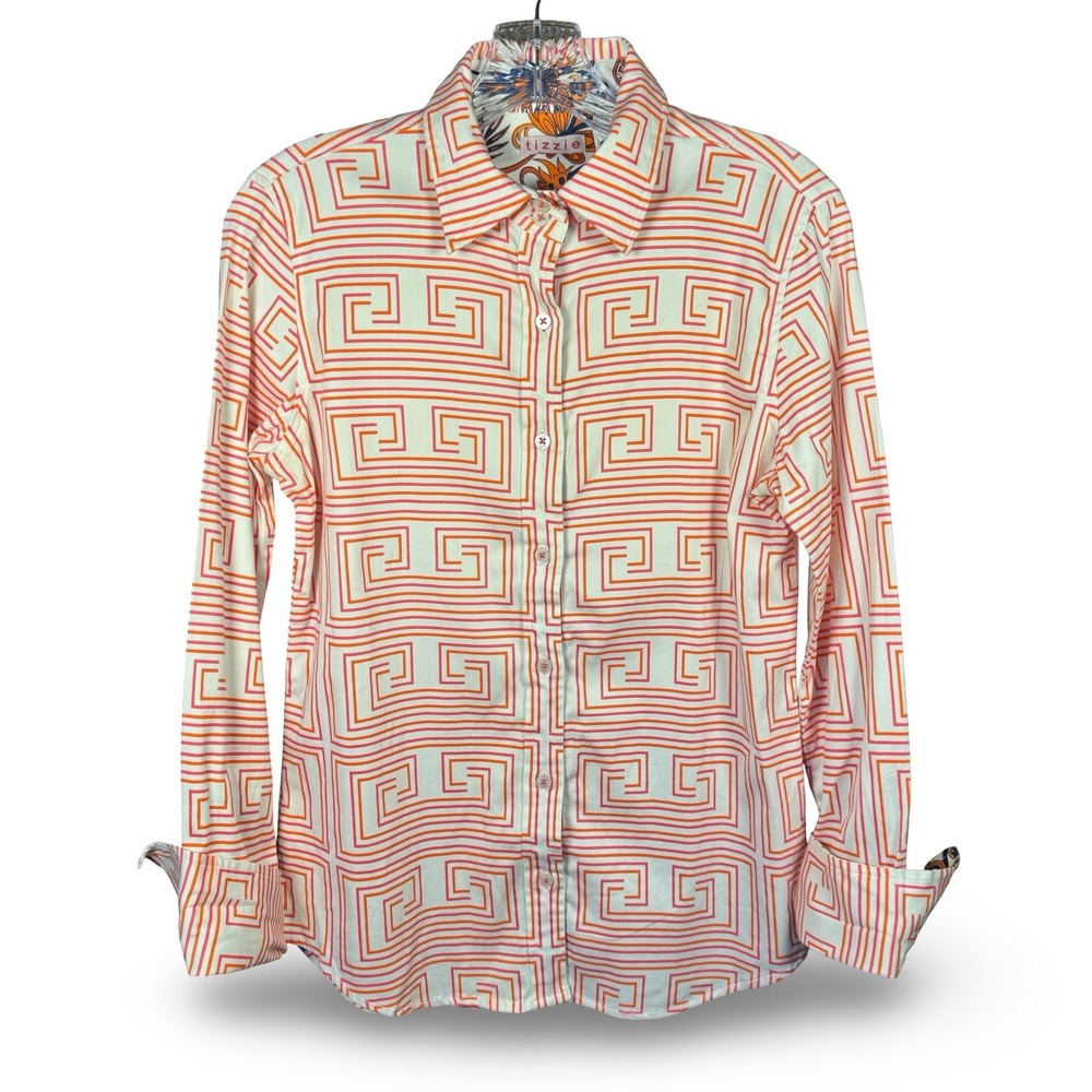 Tizzie Womens Small Pink Orange Geometric Greek Key Paisley Button Down Shirt